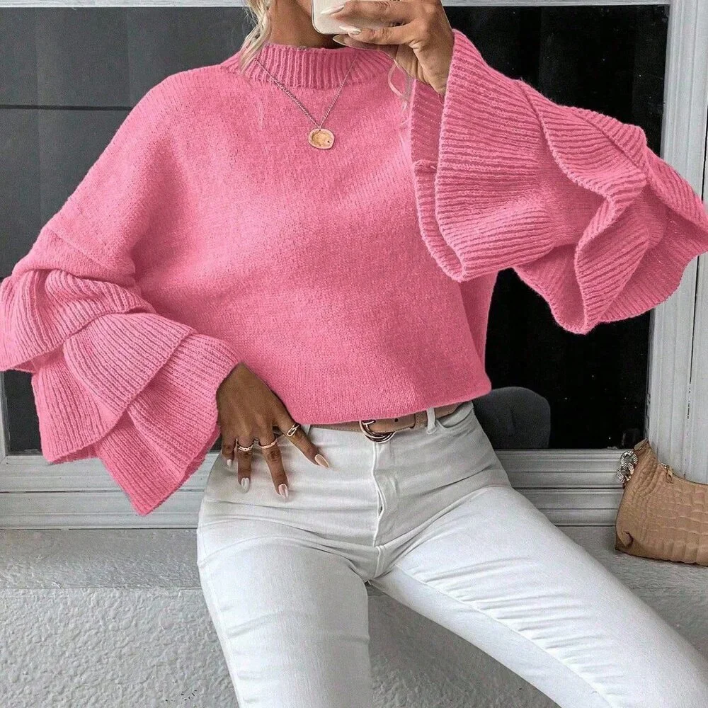 Pink Casual Women's Round Neck Patchwork Ruffle Flare Sleeve Sweater